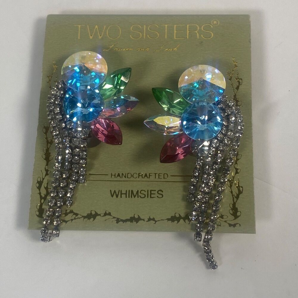 Vintage Two Sisters Lauren & Leah “Whimsies” Multicolor Rhinestone Clip-On Earri